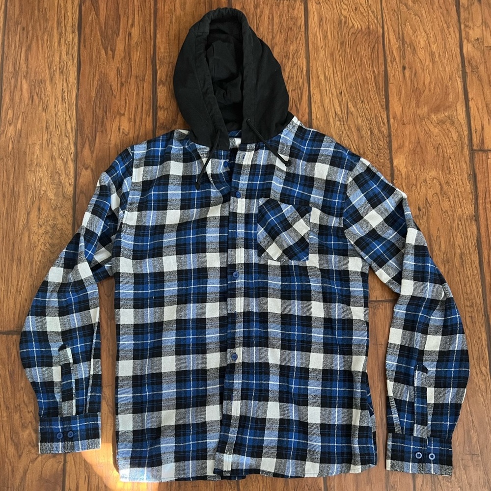 Large Blue Rudolph Sportswear Hooded Flannel